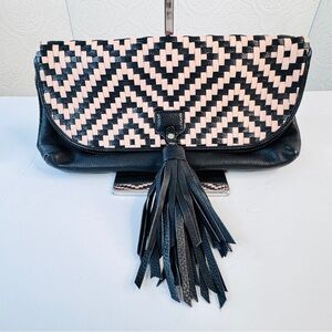 Cole Haan Skylar Woven Tassel Clutch Leather Large Bag Black & Cream Zip Around